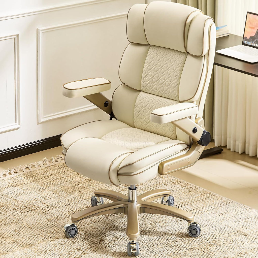 Big and Tall Office Chair 500lbs,5D Armrests Heavy Duty Executive Leather Chair with Comfortable Seat, Adjustable Lumbar, High Back, Large Computer Desk Chair for Home Office, Beige