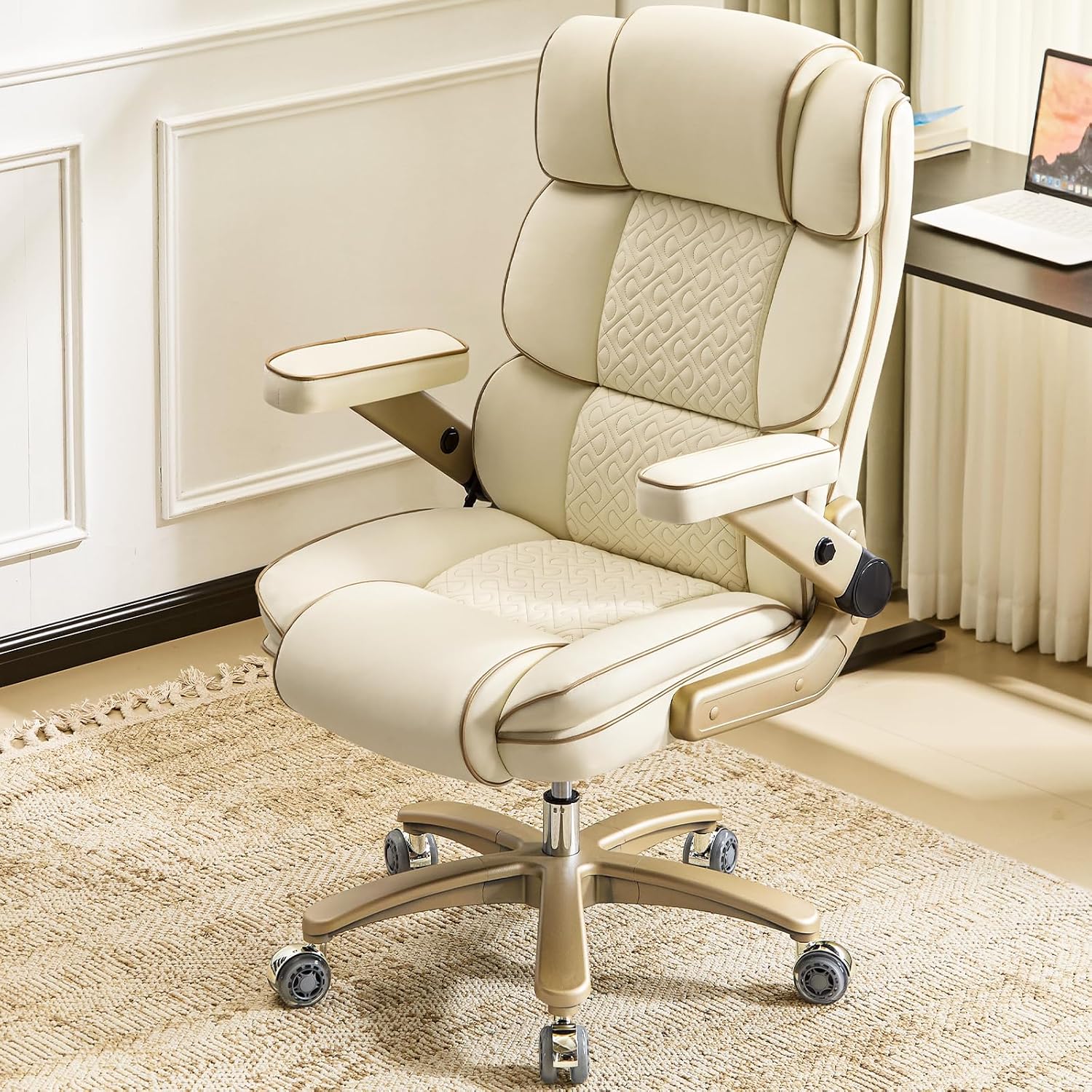 Big and Tall Office Chair 500lbs,5D Armrests Heavy Duty Executive Leather Chair with Comfortable Seat, Adjustable Lumbar, High Back, Large Computer Desk Chair for Home Office, Beige