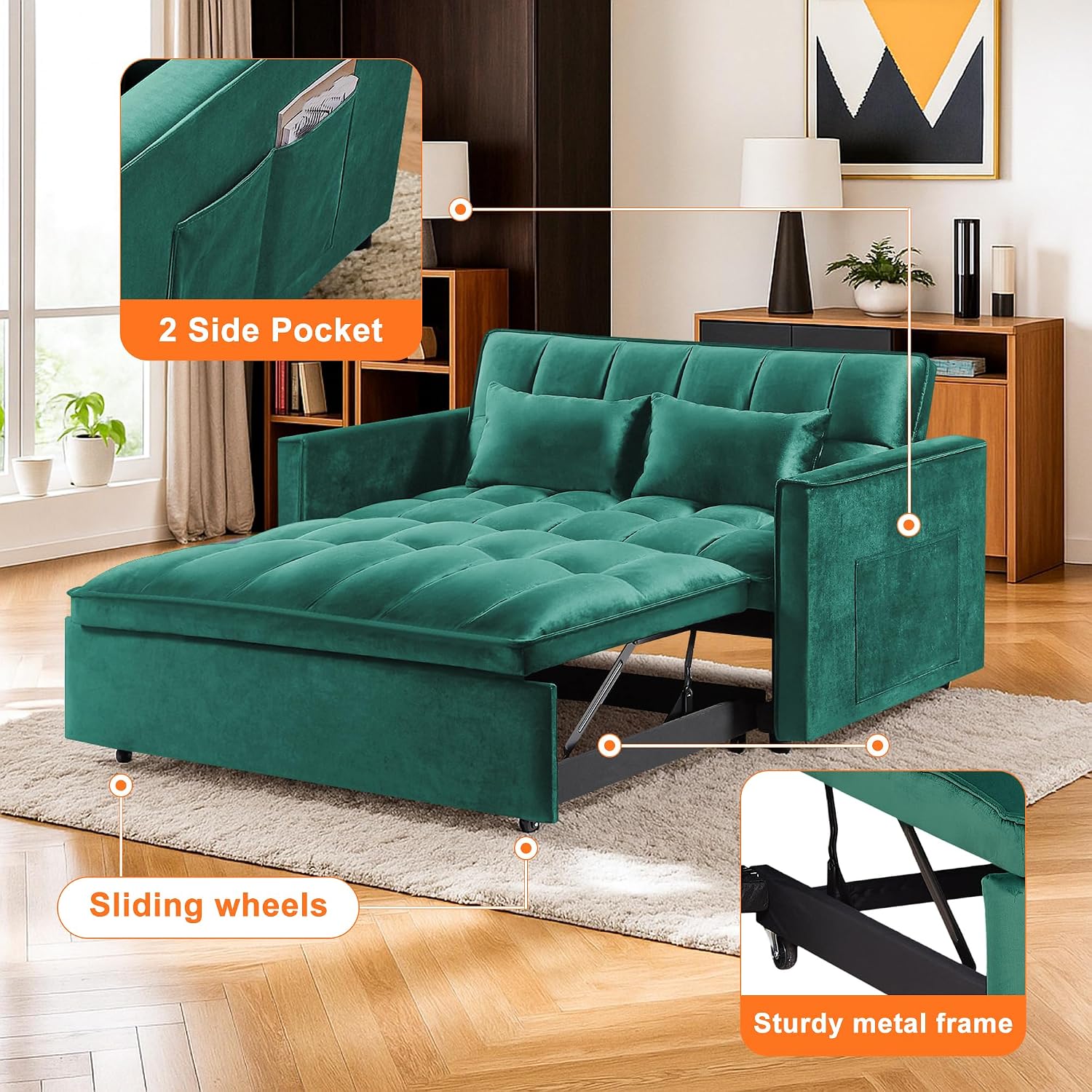 3 in 1 Convertible Sleeper Sofa Bed,Futon Pull Out Couch with Adjustable Backrest,Velvet Fabric Loveseat Sofa with Side Pocket for Bedroom, Living Room