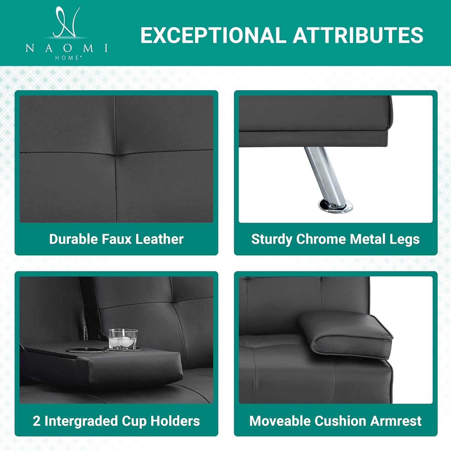 Naomi Home Low Profile Design: Convertible Folding Futon Sofa Bed Sleeper Couch for Living Room Faux Leather Upholstered Futon Sofa with Armrests, Metal Legs, 2 Cup Holders, Black