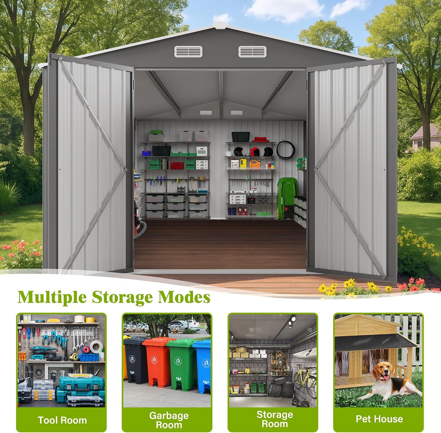 YOPTO 10x14 FT Outdoor Storage Shed,Metal Shed W/ 3 Lockable Doors & Window,Garden Tool House W/ 4 Air Vents & Sloped Roof,All Weather Waterproof for Backyard,Patio,Lawn,Grey