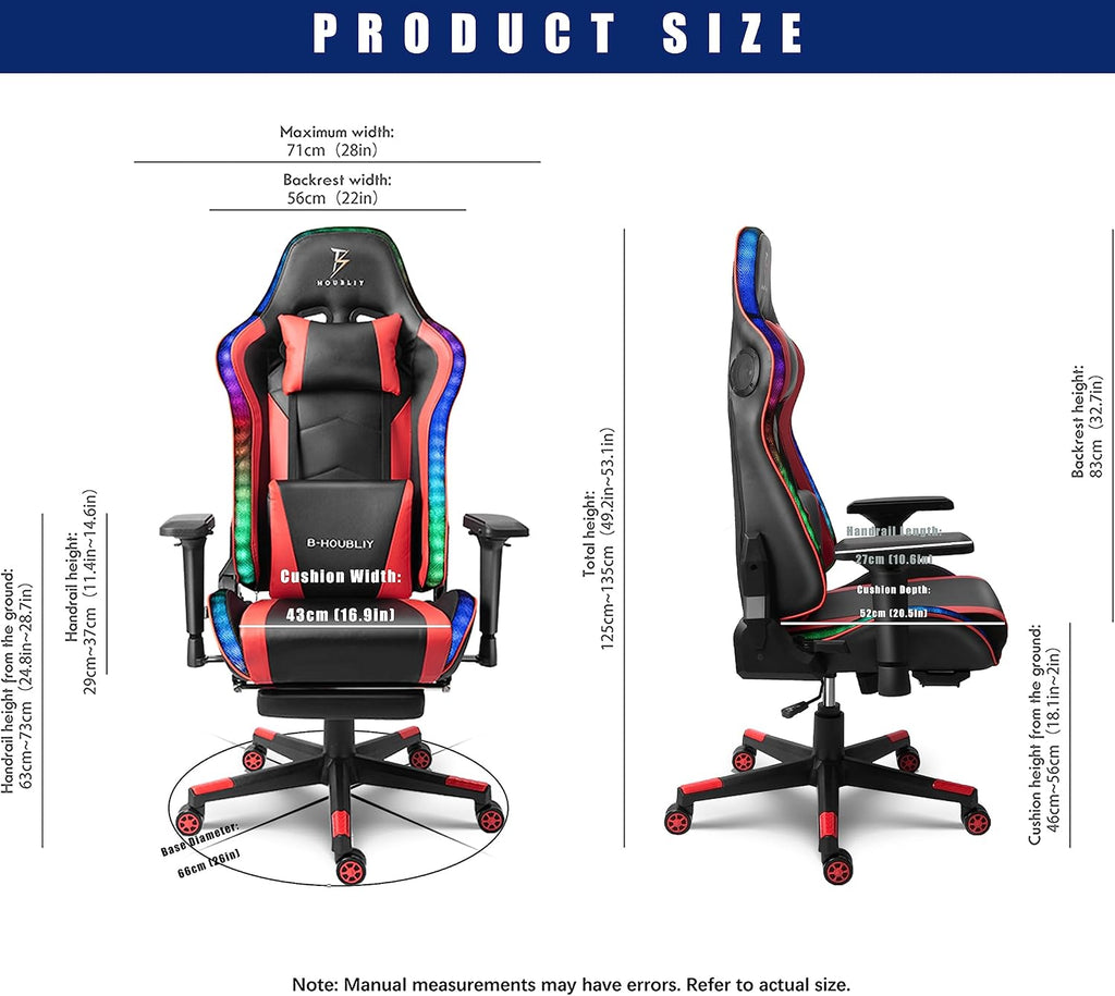 RGB LED Light Ergonomic Gaming Chair - Built-in Speakers, Full Body Massage, High-Back Office Recliner with Footrest - Comfortable Computer Chair Ideal for Adults and Teens.,Red