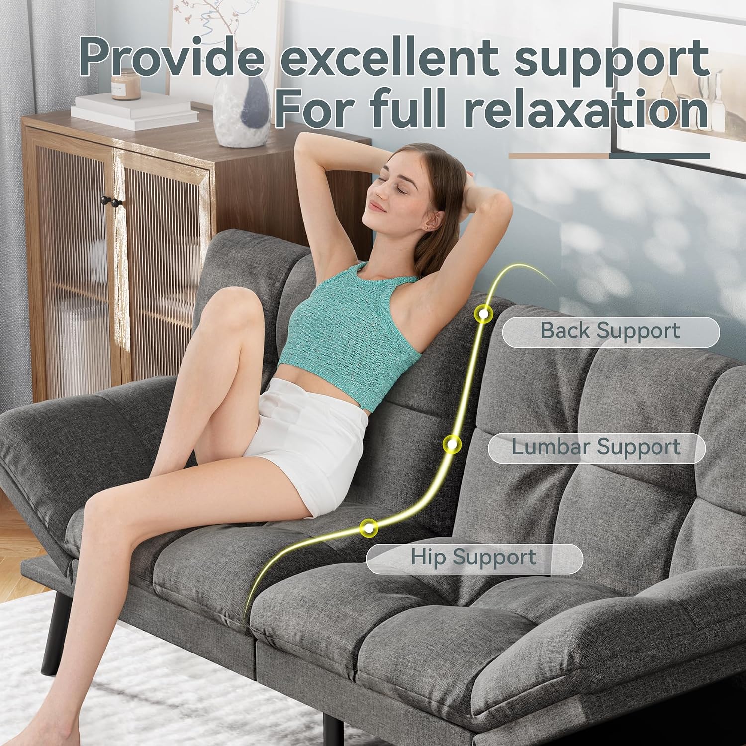 Vyfipt Convertible Futon Sofa Bed, Grey Linen Futon Couch with Adjustable Backrest & Armrests, Folding Small Recliner Sleeper Sofa Bed for Living Room, Apartment, Office