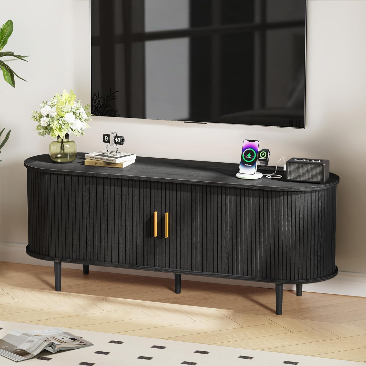 DHH 55 Inch Mid Century Modern TV Stand with Power Outlet for TVs up to 60 Inch, Entertainment Center with Storage and Adjustable Shelves, Media Console with Sliding Doors for Living Room(Black)