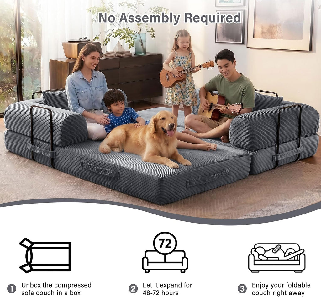 79' Convertible Sofa Bed, 5-in-1 Corduroy Boneless Couch Bed Sofa Pull Out, Memory Foam Couch, No Assembly Futon Couches for Living Room (Dark Gray)