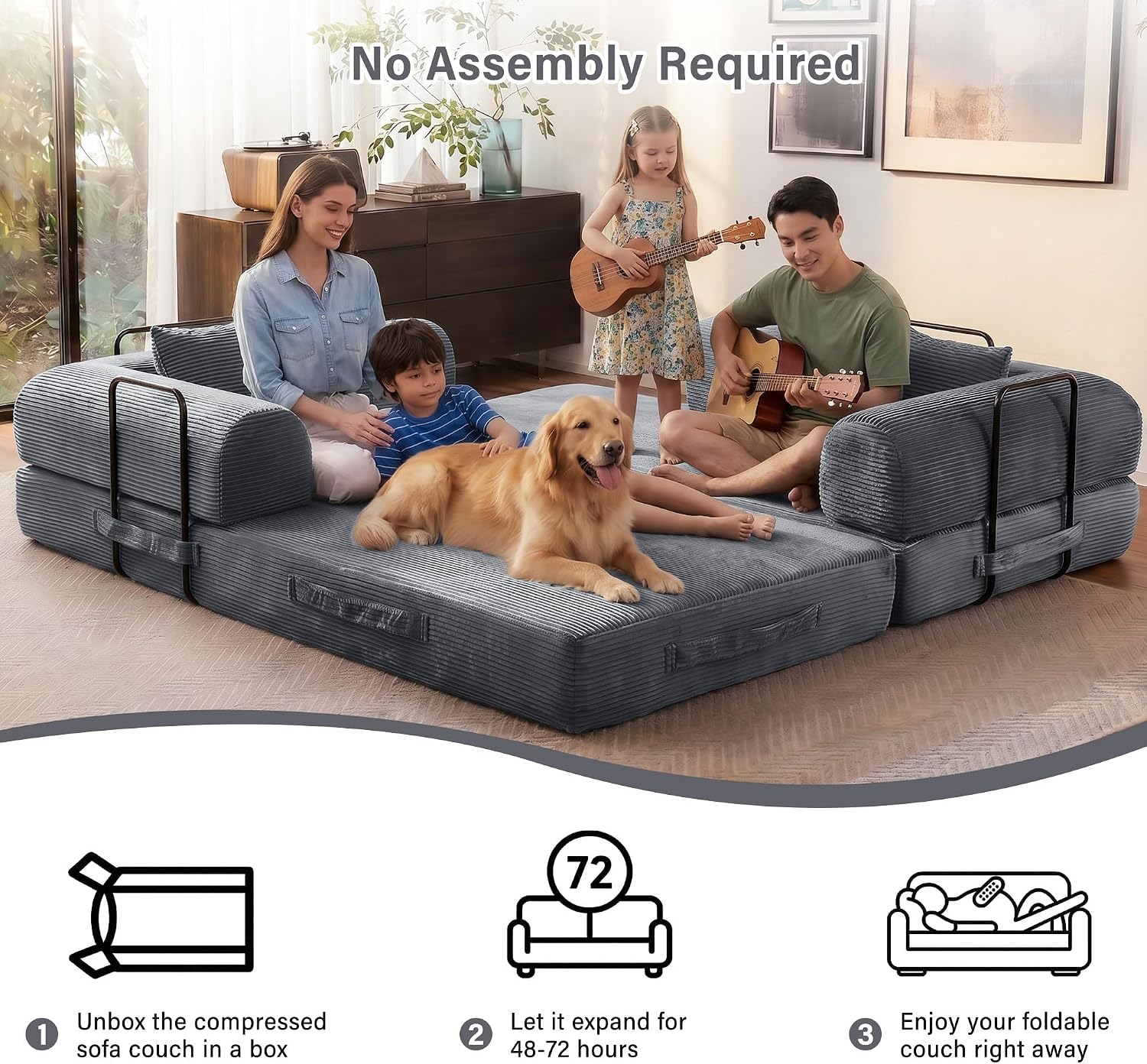 79' Convertible Sofa Bed, 5-in-1 Corduroy Boneless Couch Bed Sofa Pull Out, Memory Foam Couch, No Assembly Futon Couches for Living Room (Dark Gray)