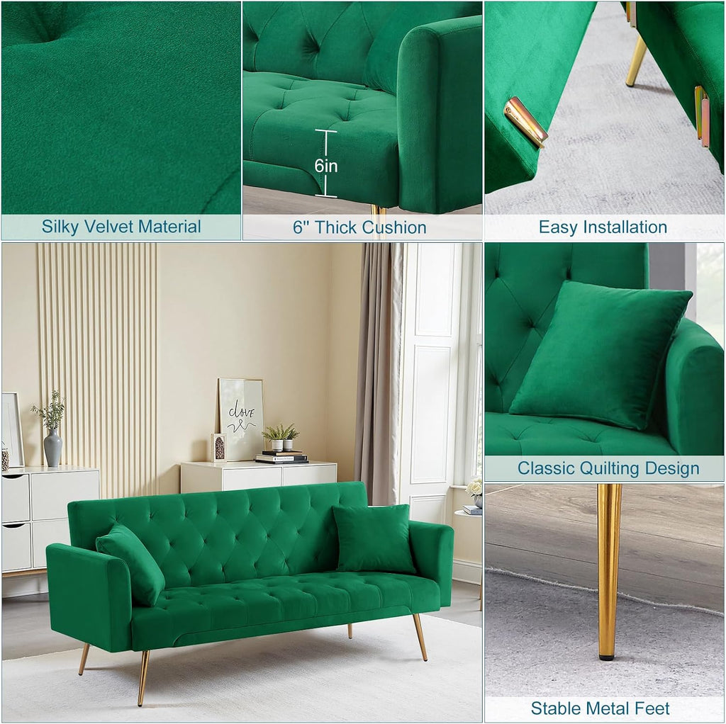 71.65'' Convertible Sofa Bed Modern Futon Set, Velvet Foldable Reclining Loveseat, Three Adjustment Angles,Mid Century Modern Couches for Living Room/Bedroom/Apartment, Easy Assembly,Green