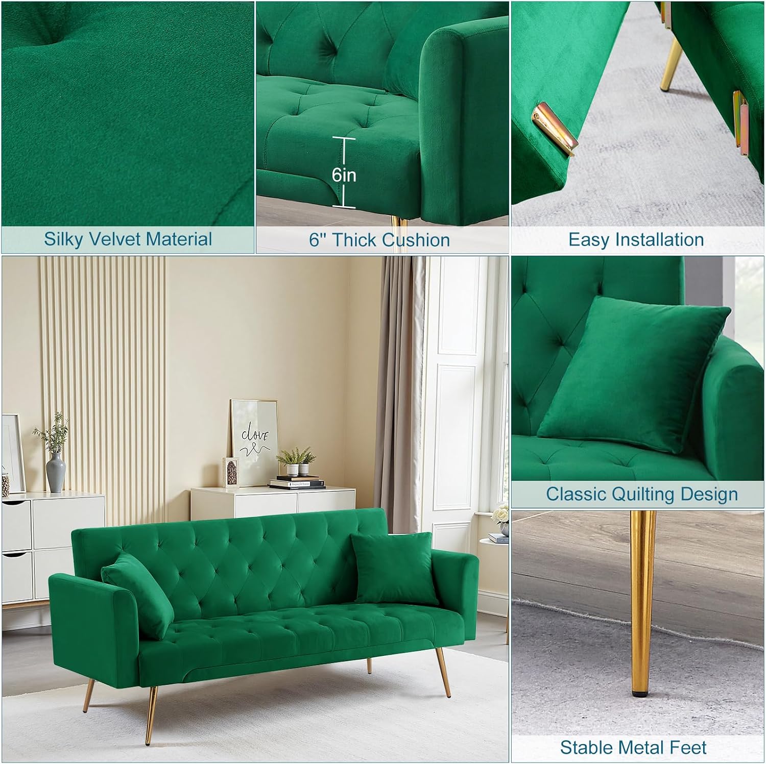 71.65'' Convertible Sofa Bed Modern Futon Set, Velvet Foldable Reclining Loveseat, Three Adjustment Angles,Mid Century Modern Couches for Living Room/Bedroom/Apartment, Easy Assembly,Green