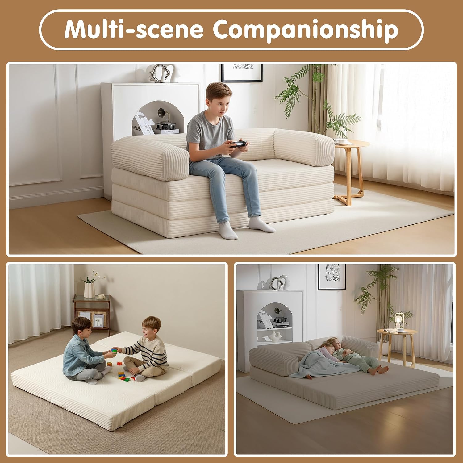 Convertible Sofa Bed Queen,5-in-1 Tri-Fold Boneless Couch with Removable Armrests & Handle,Corduroy Futon Sleeper Sofa,Floor Folding Mattress Pull Out Bed for Small Space Apartment Living Room Bedroom