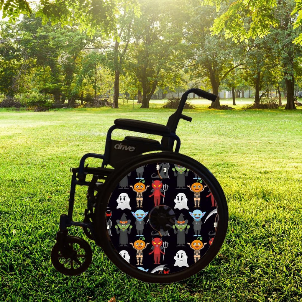 Designer Halloween Spooky Ghost Cover for Wheelchair Wheels, Enhances Aesthetics, Easy Install/Remove, Lightweight, for Boys and Adults (Happy Halloween)