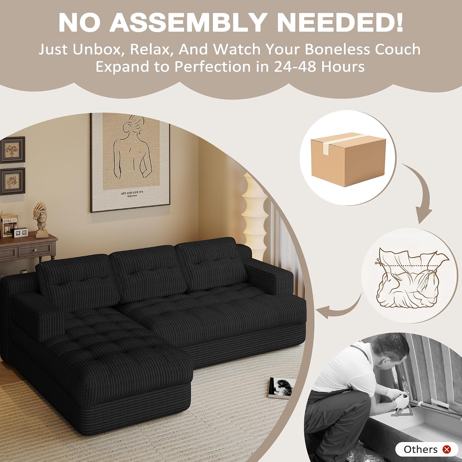 Boneless Couch, 2026 New Boneless Sectional Couch with Deep Seat & Chaise for Small Spaces, Upholstered Cloud Couch Sectional Boneless Couches for Living Room, No Assembly, Left Facing Chaise, Black
