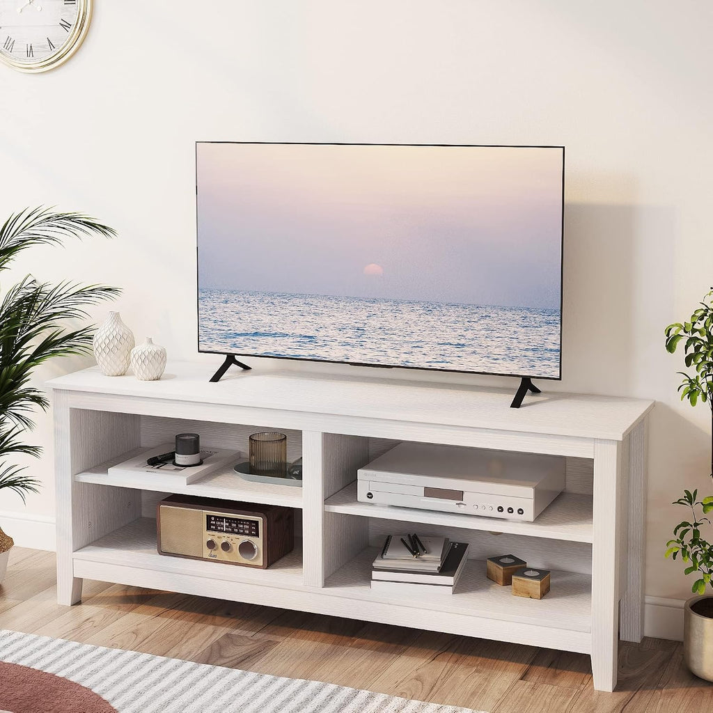 Gyger Modern TV Stand for 65 inch TV, White Wood TV Cabinet with 4 Open Storage Shelves, Fits 50-65 Inch TVs, 55 Inches W x 15 Inches D x 22.8 Inches H