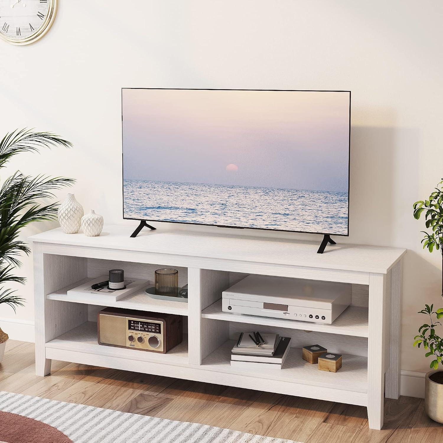 Gyger Modern TV Stand for 65 inch TV, White Wood TV Cabinet with 4 Open Storage Shelves, Fits 50-65 Inch TVs, 55 Inches W x 15 Inches D x 22.8 Inches H