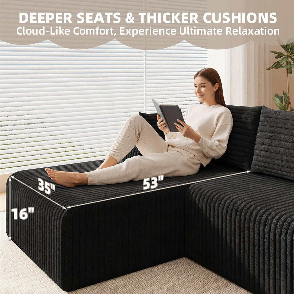 2026 New Boneless Couch, No Assembly Cloud Couch Sectional with Deep Seat & Chaise for Small Spaces, Upholstered Boneless Sectional Couch for Living Room, L Shaped Couch with Left Facing Chaise, Black