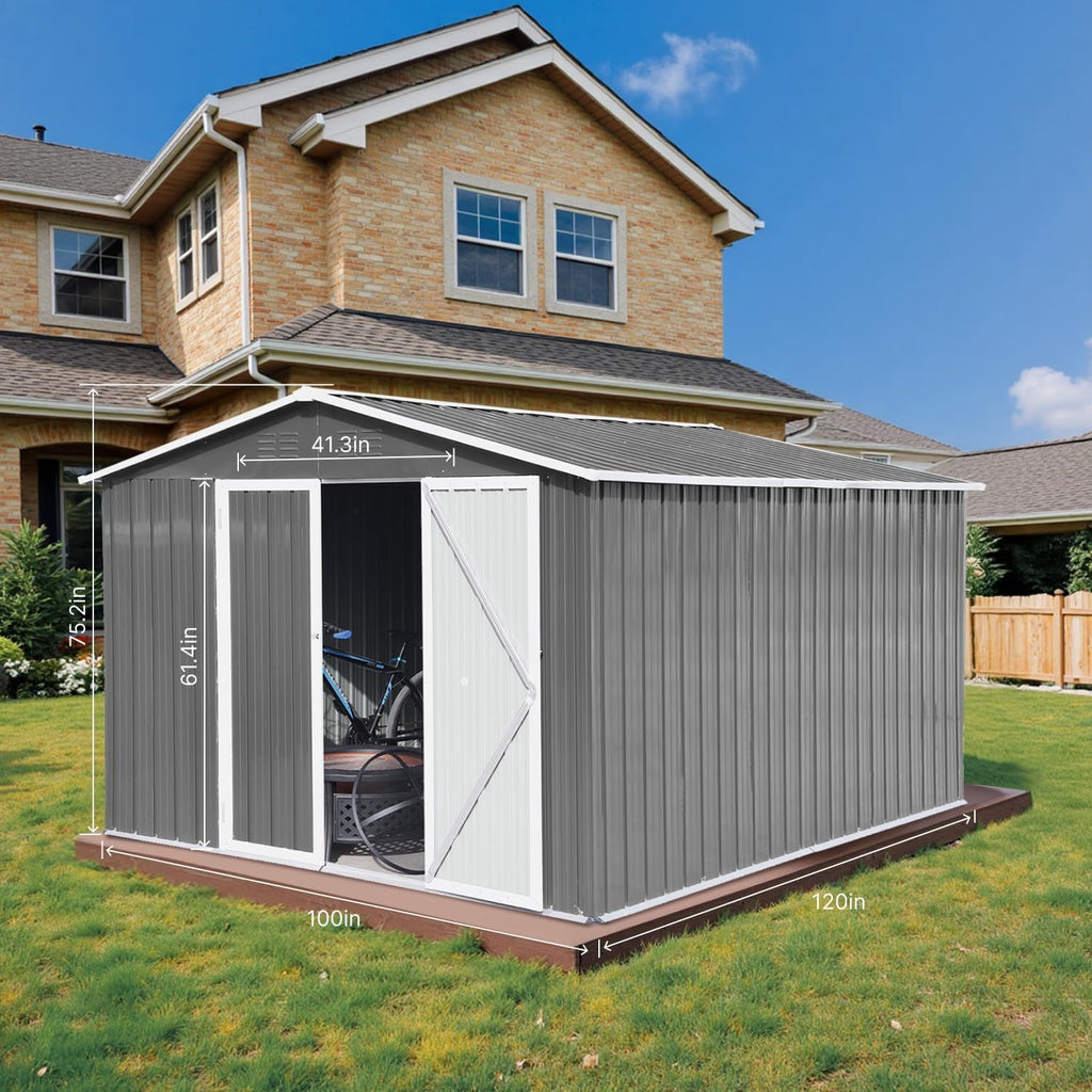 10 x 8 FT Outdoor Storage Shed, Metal Garden Tool Shed with Slooping Roof, Lockable Doors and Aluminum Frames, Easy to Assemble for Garden, Patio, Lawn, Grey