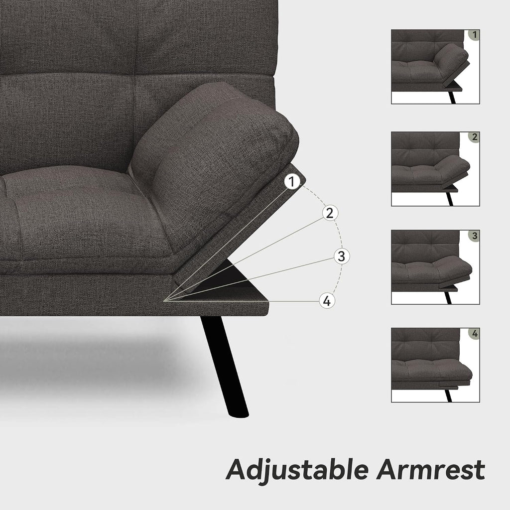 Convertible Futon Sofa Bed,71' Memory Foam Futon Couch,Detachable Cushion,Adjustable Backrest & Armrest,Linen Modern Loveseat Sleeper Recliner for Living Room,Office,Apartment,Retro Grey