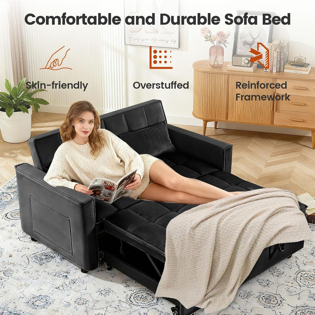 3 in 1 Sofa Bed, Loveseat Sleeper Sofa Bed with Side Pockets, Velvet Fabric Pull Out Couch with Adjustable Backrest for Living Room, Bedroom, Apartment, Black