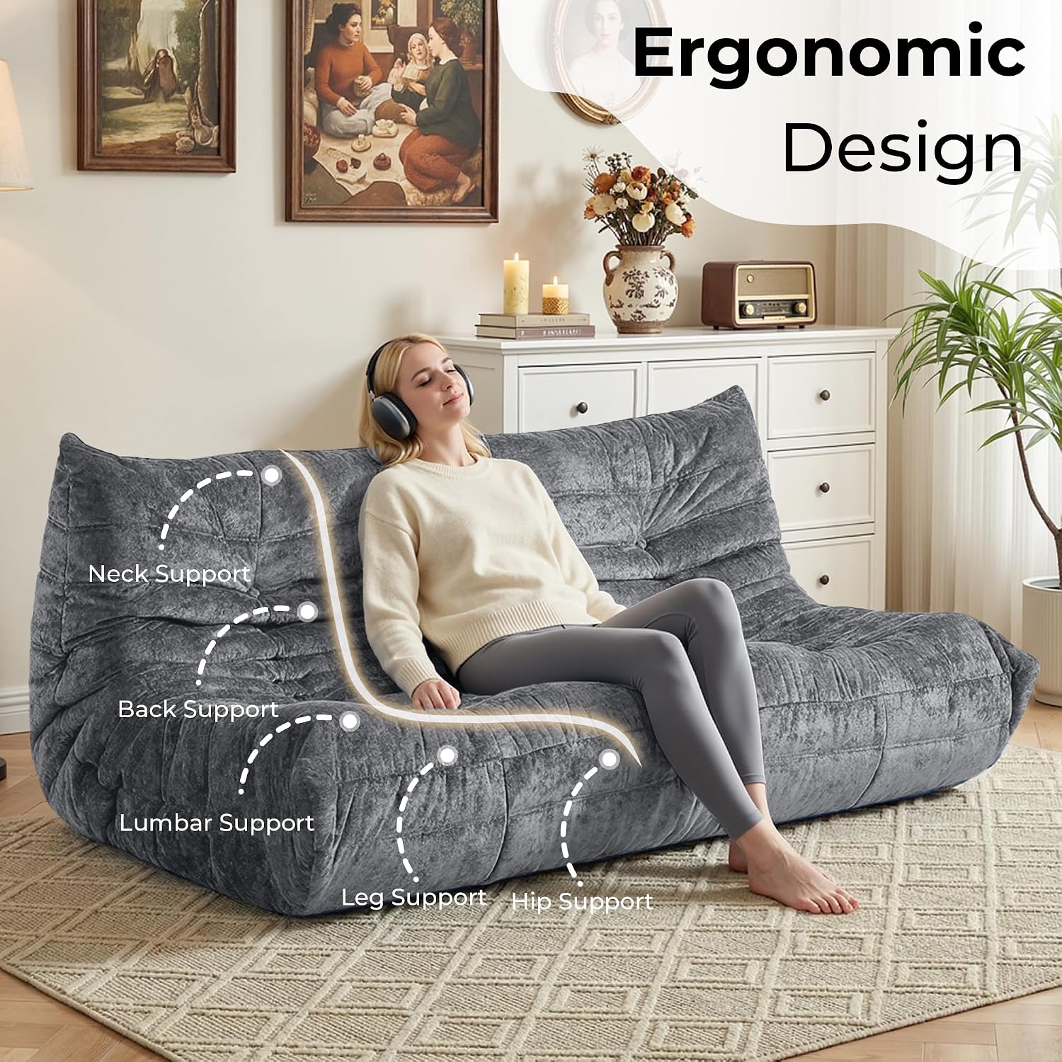 HABUTWAY Bean Bag Chair, Giant Bean Bag Chairs for Adults, 3 Seater Fireside Chair, Lazy Large Floor Bean Bag Sofa for Living Room, Bedroom, Dorm, Office (Grey)