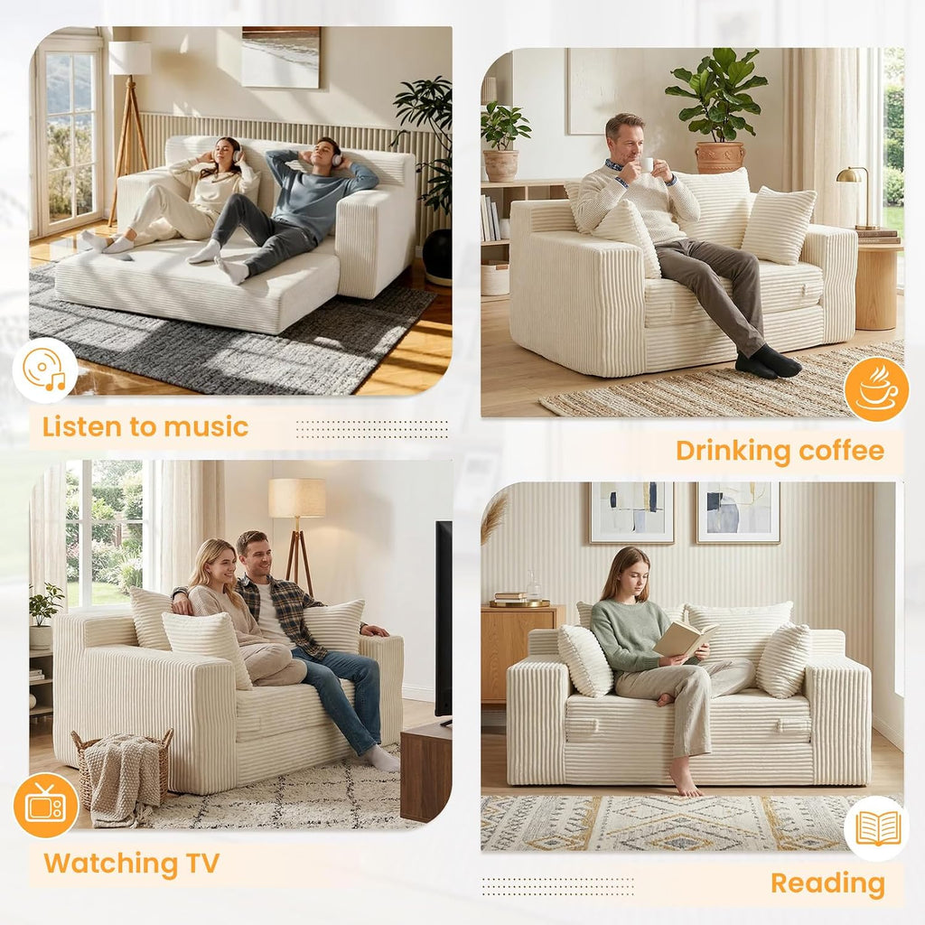 Boneless Loveseat Sleeper Sofa Bed, 3-in-1 Convertible Sofa Bed and Futon Couch with 4 Pillows, 55' Beige Boneless Couch for Living Room, Guest Room, Small Space, No Assembly Required, Corduroy