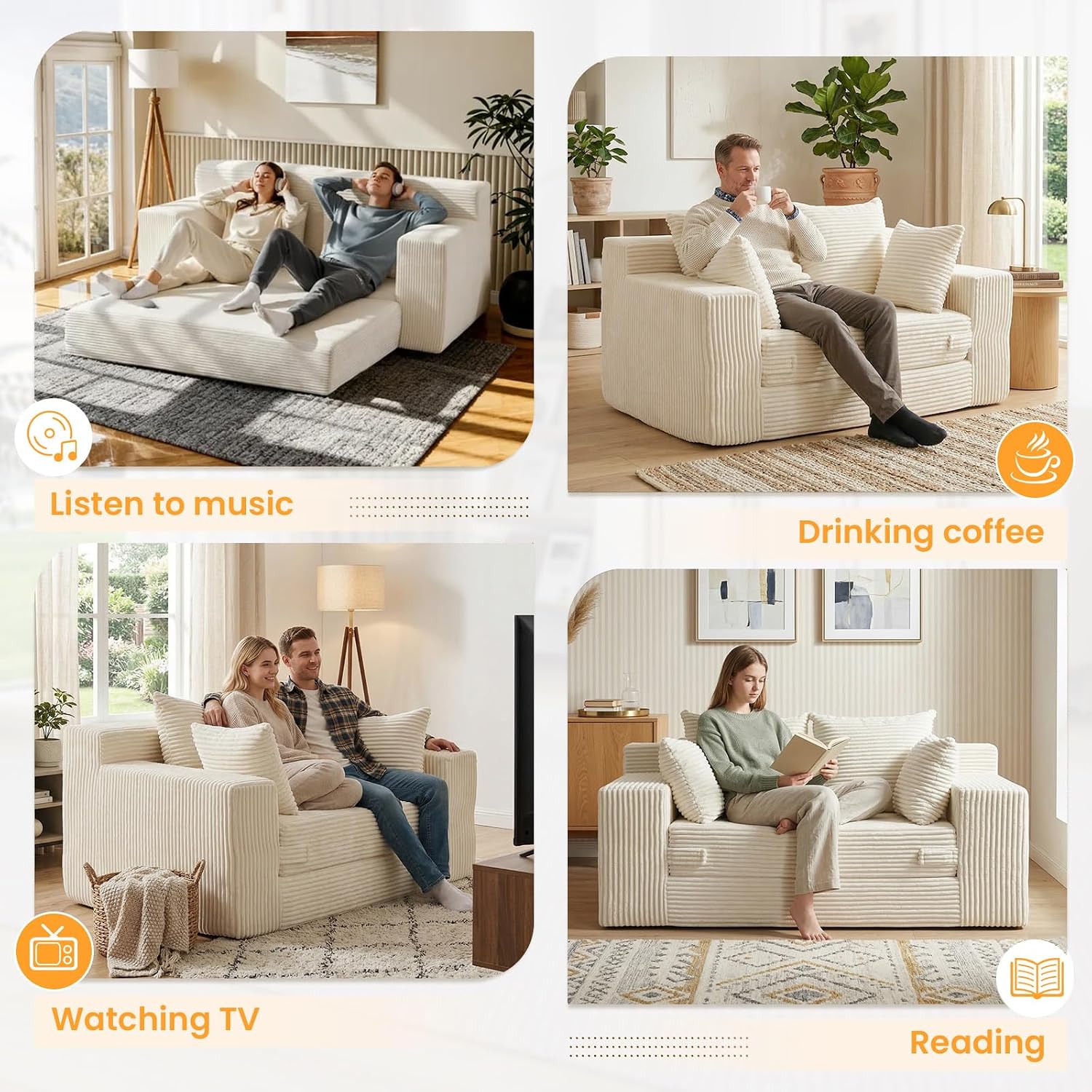 Boneless Loveseat Sleeper Sofa Bed, 3-in-1 Convertible Sofa Bed and Futon Couch with 4 Pillows, 55' Beige Boneless Couch for Living Room, Guest Room, Small Space, No Assembly Required, Corduroy