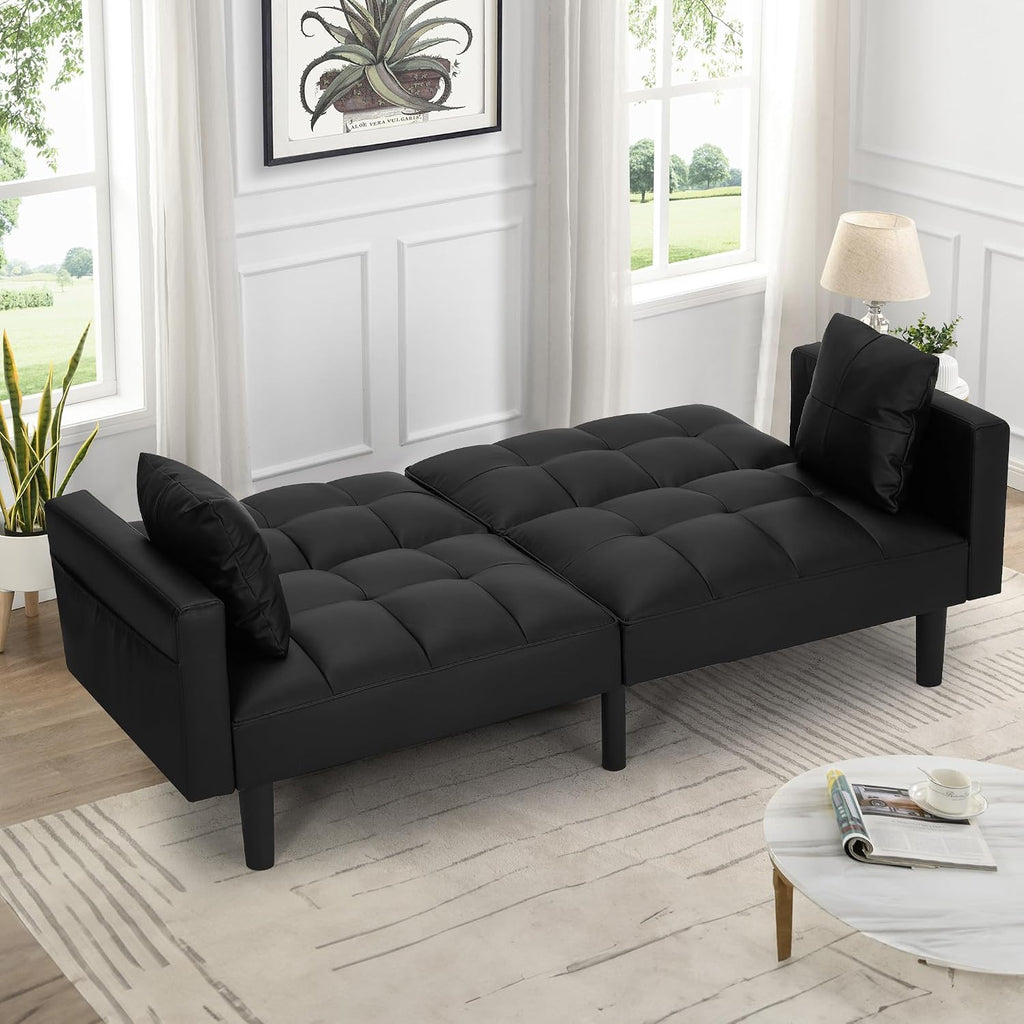 AVAWING Futon Sofa Bed, Modern Leather Convertible Upholstered Sleeper Couch with Adjustable Back, Arms and High Strength Nylon Legs for Living Room, Apartment, Office (Black)