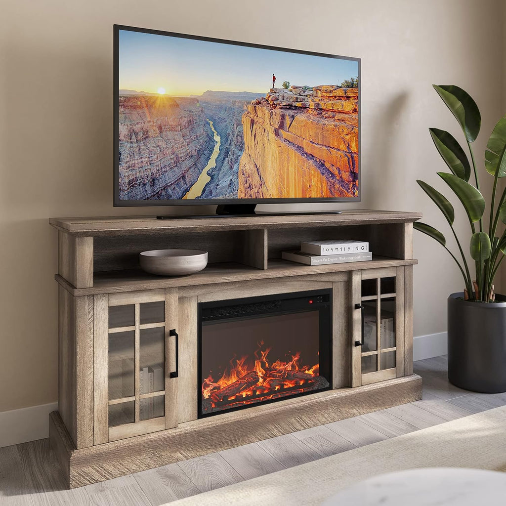 BELLEZE Traditional 58' Rustic TV Stand with 23' Electric Fireplace Heater with Sound, Media Entertainment Center Console Table for TV up to 65' with Open Storage Shelves and Cabinets - Ashland Pine