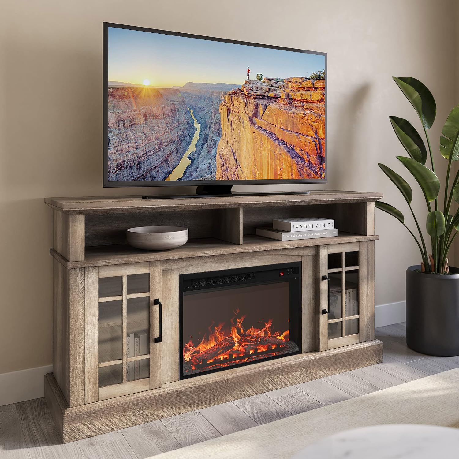 BELLEZE Traditional 58' Rustic TV Stand with 23' Electric Fireplace Heater with Sound, Media Entertainment Center Console Table for TV up to 65' with Open Storage Shelves and Cabinets - Ashland Pine
