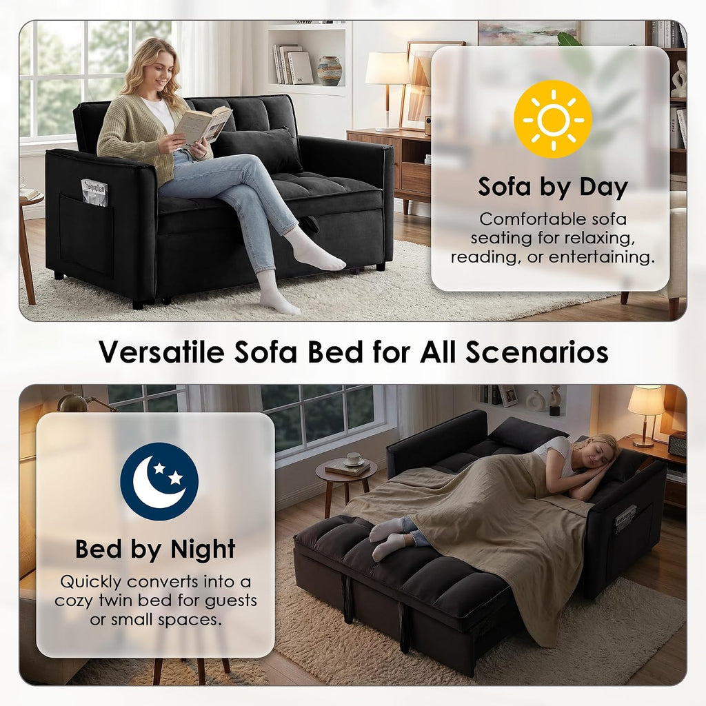 3 in 1 Convertible Sleeper Sofa Bed, 55' Pull Out Couches, Modern Loveseat Sleeper Sofa with Adjustable Reclining Backrest & Side Pockets for Living Room, Velvet Fabric, Black