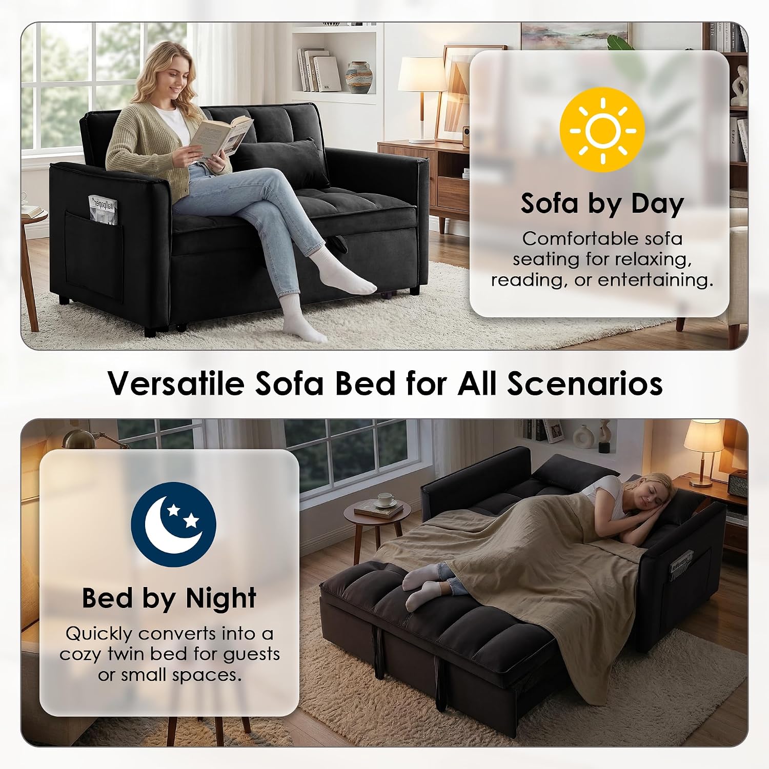 3 in 1 Convertible Sleeper Sofa Bed, 55' Pull Out Couches, Modern Loveseat Sleeper Sofa with Adjustable Reclining Backrest & Side Pockets for Living Room, Velvet Fabric, Black