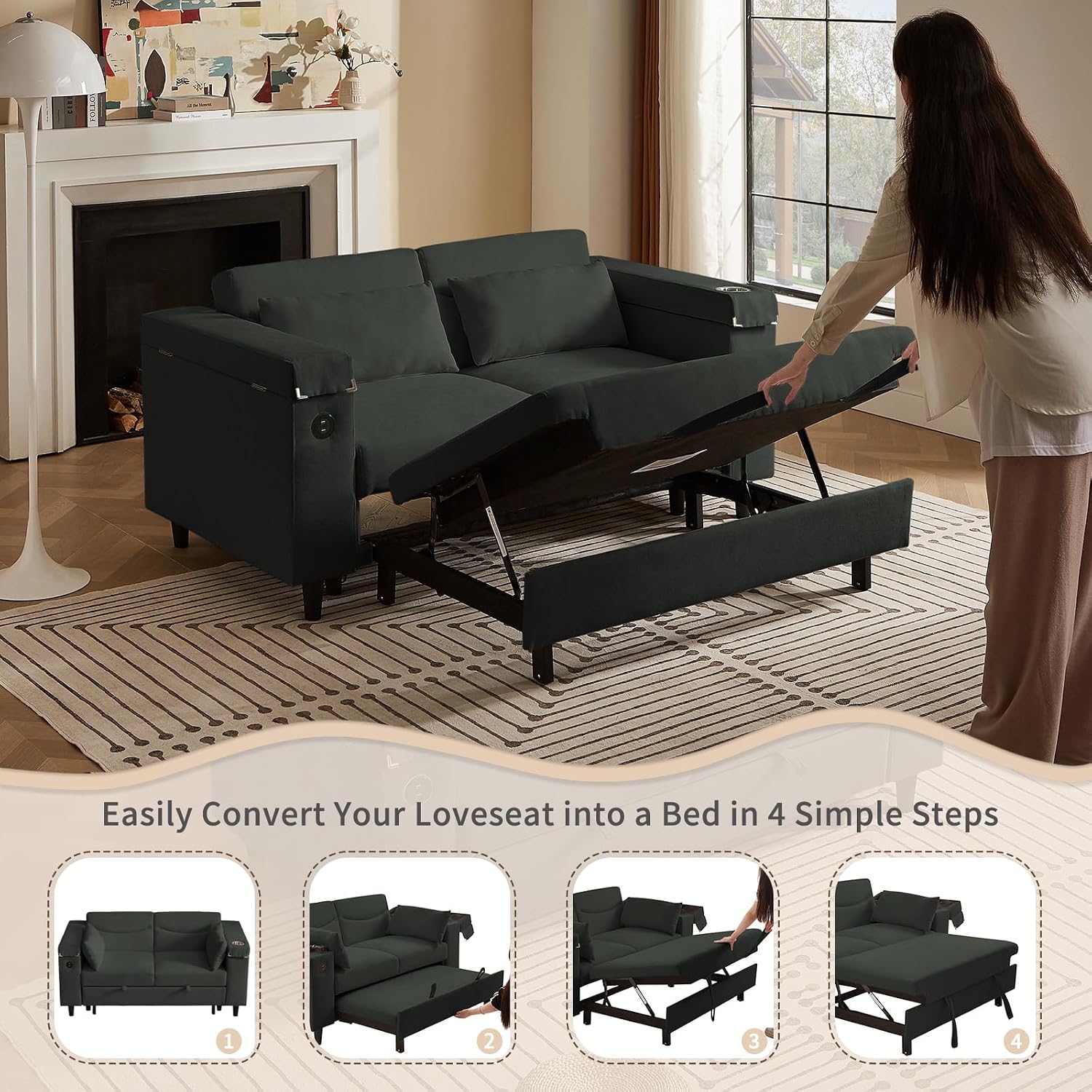 hansones 66' Multi-Functional Pull-Out Sofa Bed with Hidden Side Table, Storage Armrests, Built-in Charging Port, Spring Mattress, Solid Wood Frame – Ideal for Small Spaces, Easy Assembly