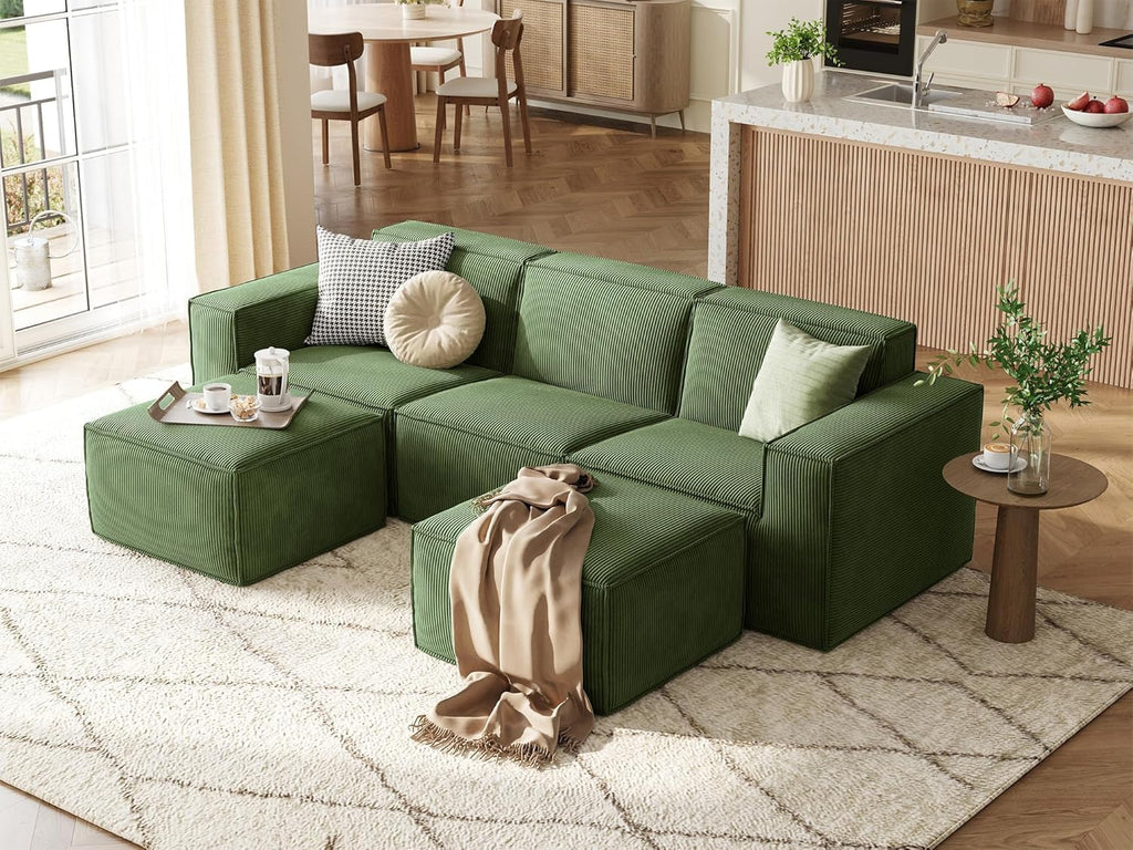 LINSY HOME Modular Sectional Sofa, 105' Boneless Couch U Shaped 3-Seat Sofa with 2 Ottomans, Corduroy Sectional Cloud Couches for Living Room, No Assembly Required(Green)