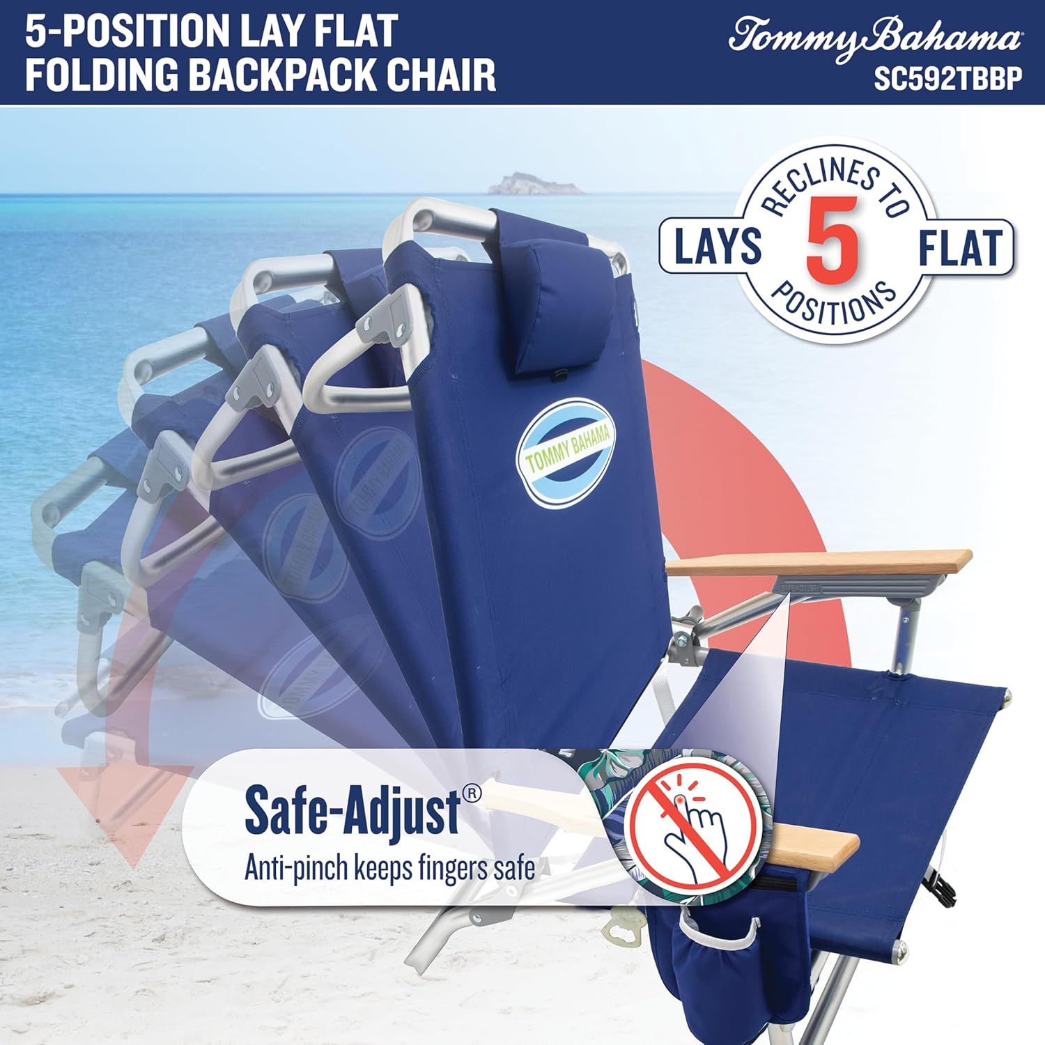 Tommy Bahama 2-Pack 5-Position Classic Lay Flat Backpack Beach Chair with Cooler and Cup Holder, Portable Folding Beach Chair for Tanning, Red/White/Blue