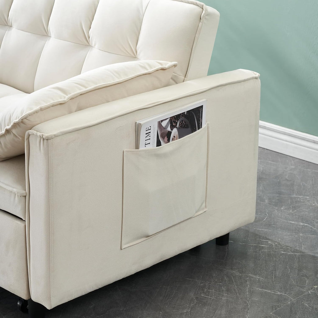 3 in 1 Convertible Sofa Bed, Loveseat Sleeper Sofa with Large Side Pockets, Pull Out Couch with Adjustable Backrest, Easy Assembly, Velvet Couch Bed for Small Spaces, Apartment, White