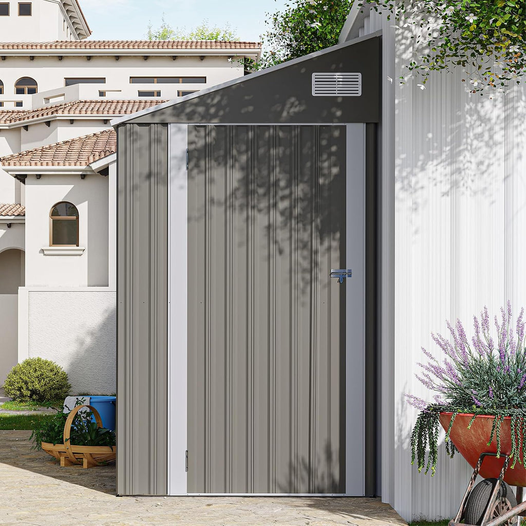 8x4 FT Outdoor Storage Shed with Single Hinge Door, Metal Shed with Air Vents and Waterproof for Backyard Garden, Patio，Poolside, Dark Gray