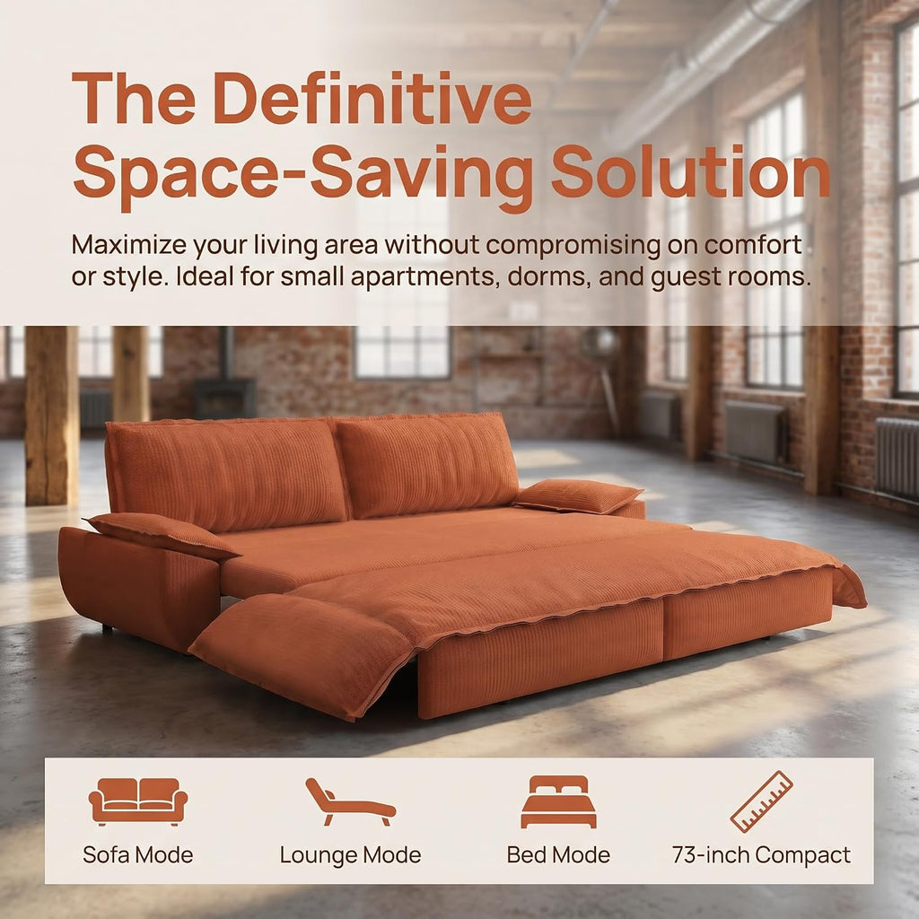 73.2' Sofa Bed Queen, 3-in-1 Pull Out Sofa Bed with Pillow Armrest, Modern Corduroy Convertible Sleeper Futon Sofa for Living Room Small Space, Apartment, Bedroom, Orange