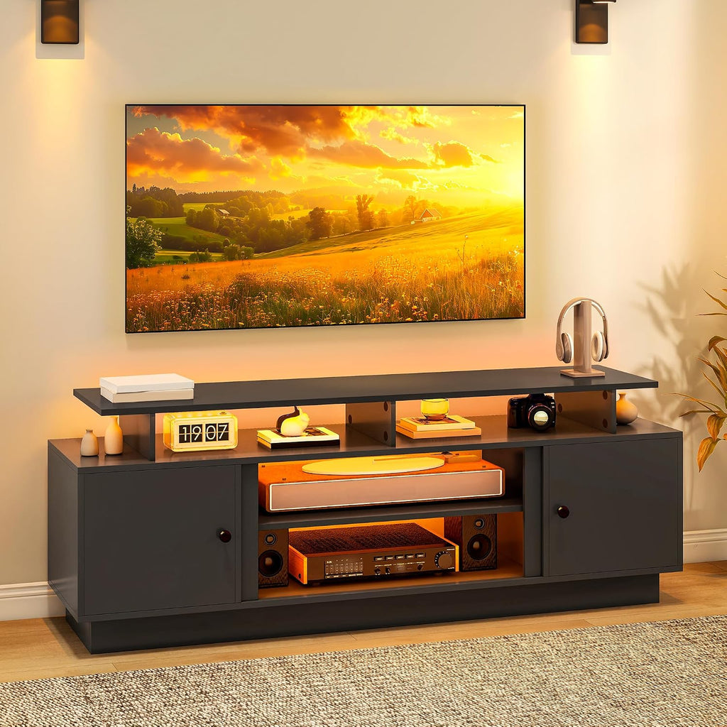 YITAHOME Modern TV Stand for 80 inch TVs, Entertainment Center with LED Lights & Storage Cabinets, TV Console Table with Adjustable Partition for Living Room (Black)