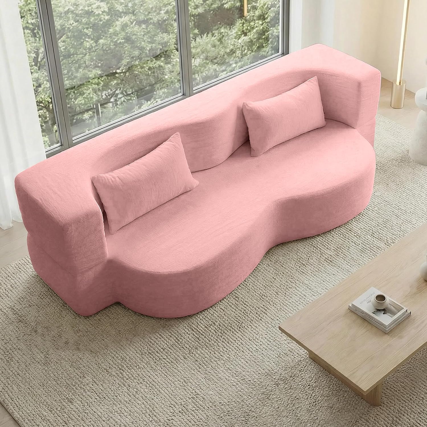 2-in-1 Convertible Sofa,78 Inch Pull Out Sofa Folding Sofa Bed with 2 Pilow Lazy Sofa, Teddy Loveseat Sleeper Floor Sofa for Apartment Children's Room Bedroom Living Room (Teddy, Pink)