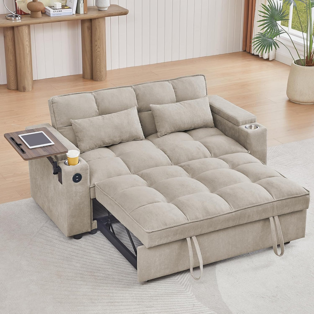 65' Cloud Couch Sleeper Sofa Bed with USB Charging Port & Side Pocket, Chenille Fabric Pull-Out Sofa with Thick Cushions, High Resilience Foam & Pillows for Living Room, Apartment, Small Spaces
