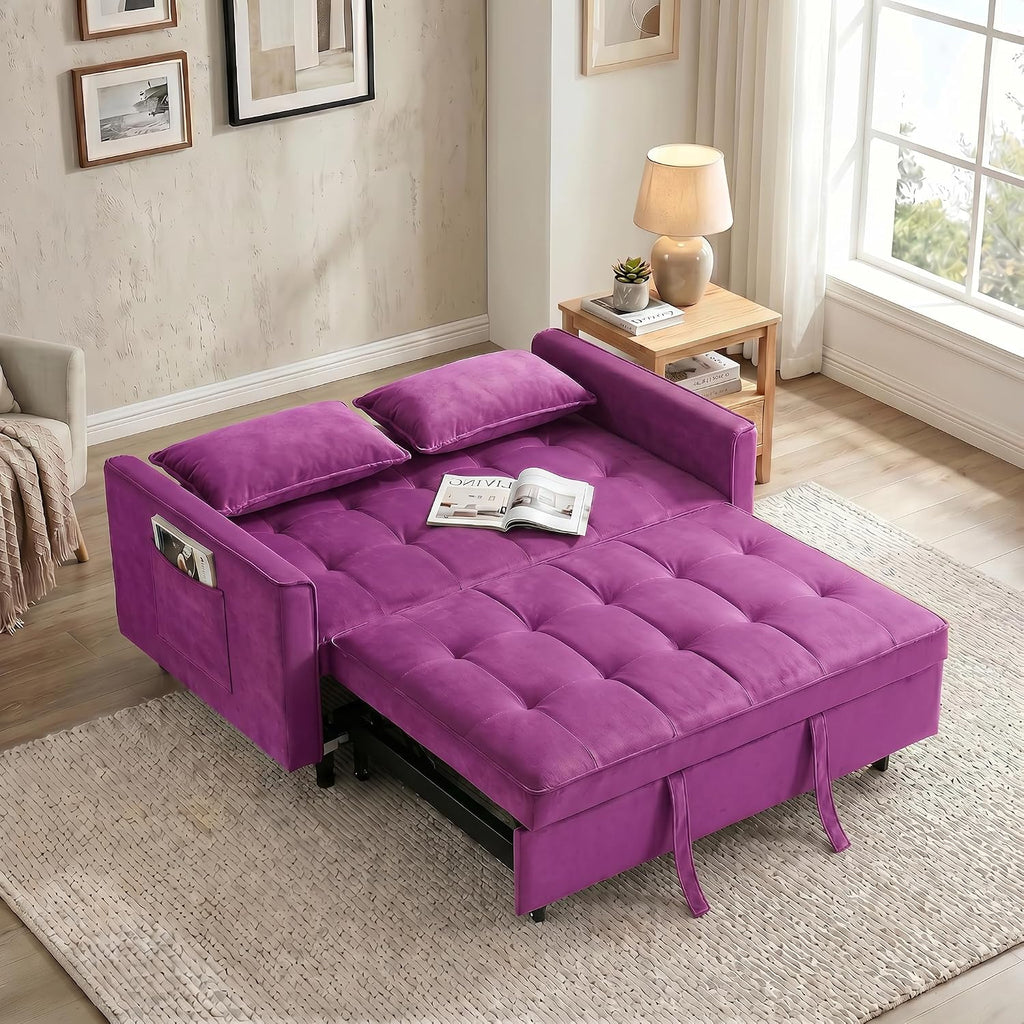 3 in 1 Convertible Sofa Bed, Loveseat Sleeper Sofa with Large Side Pockets, Pull Out Couch with Adjustable Backrest, Easy Assembly, Velvet Couch Bed for Small Spaces, Apartment, Deep Pink