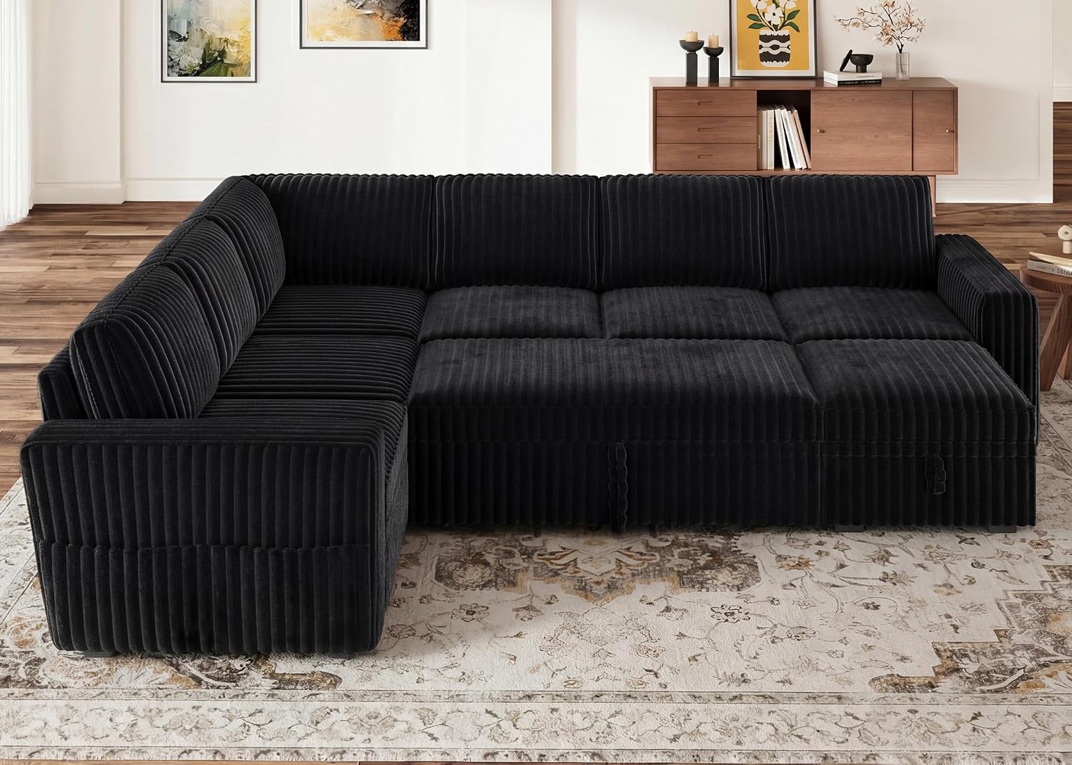 HONBAY Modular Sectional Sleeper Sofa with Pull Out Bed,Corduroy U Shaped Couch with Storage, Sectional Couches for Living Room,Black