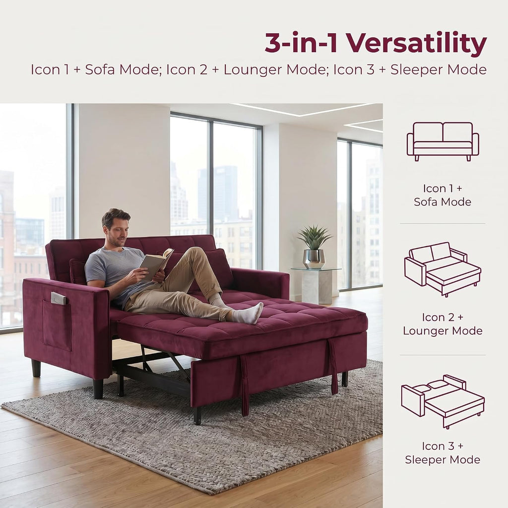 3 in 1 Convertible Sofa Bed, Loveseat Sleeper Sofa with Large Side Pockets, Pull Out Couch with Adjustable Backrest, Easy Assembly, Velvet Couch Bed for Small Spaces, Apartment, Fuchsia