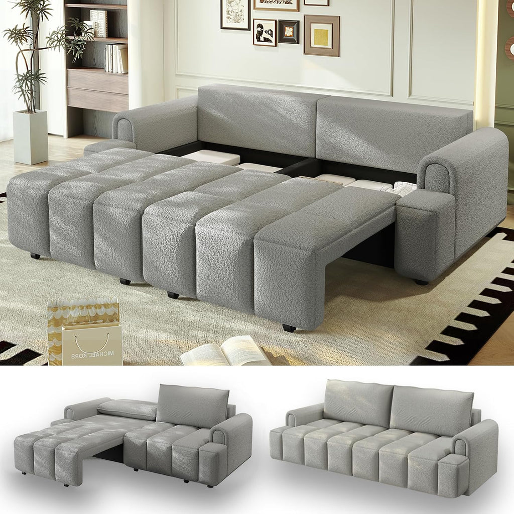 90.2' Futon Sofa Bed King, 3-in-1 Teddy Convertible Sofa, Upholstered Loveseat Couch with Pull Out Bed, L Shape Couches Small Spaces, Deep Seat, Storage for Living Room, Apartment, Light Grey