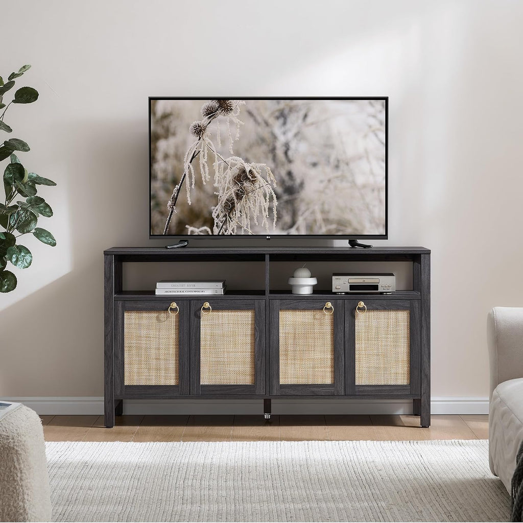 SICOTAS Rattan TV Stand for Television up to 65 Inch - 29.5' Tall Entertainment Center with Storage and Open Shelves,Boho Credenza TV Console Cabinet with 4-Doors and Adjustable Shelf for Living Room