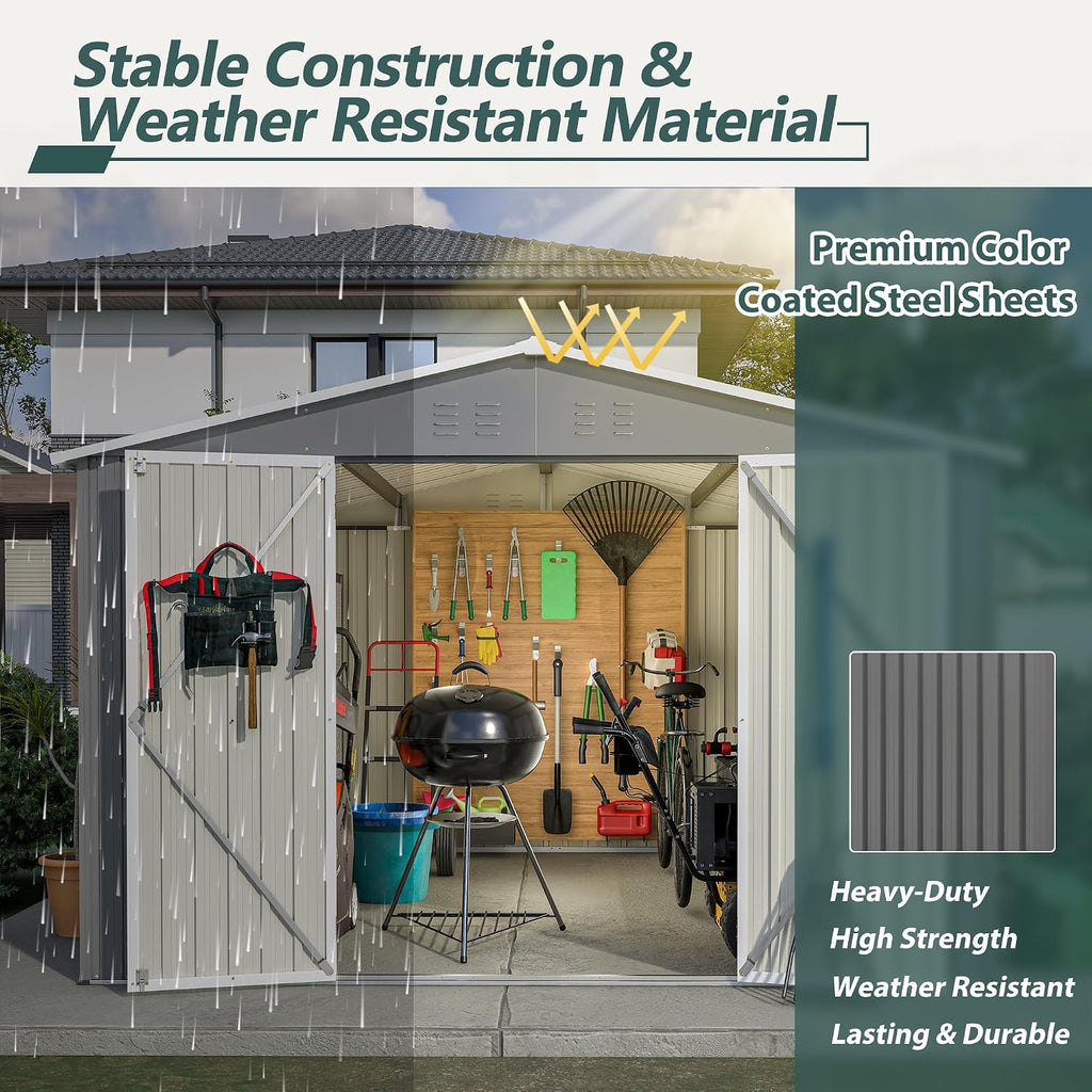 YOPTO 10X10 FT Outdoor Storage Shed,Metal Shed W/Lockable Doors,Air Vents & Sloped Roof,Garden Tool House W/Updated Frame Structure,for Backyard Patio Lawn,Gray