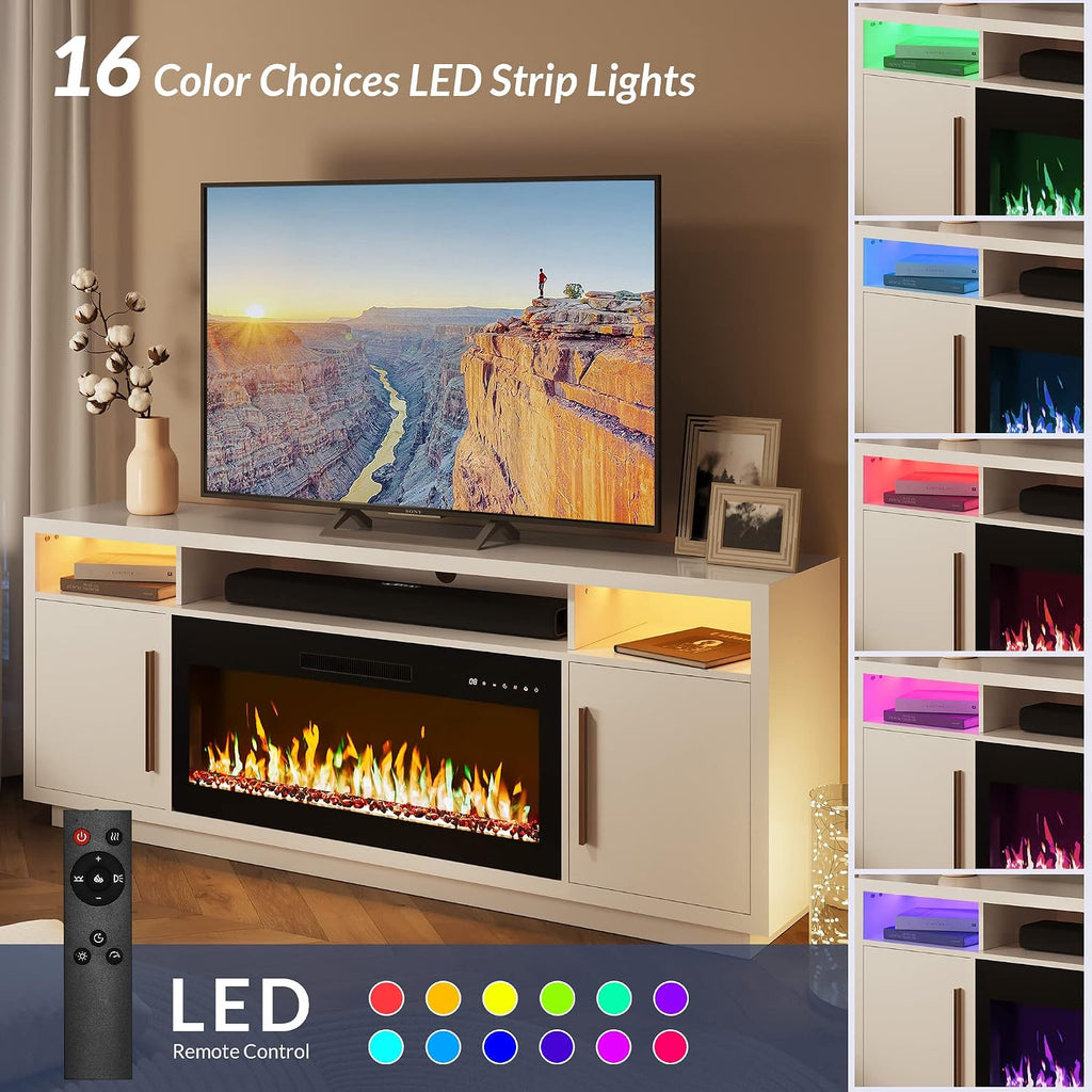 BELLEZE 70' Fireplace TV Stand for TVs Up to 80', LED Light Entertainment Center with 36' Electric Fireplace Heater, Storage Cabinet, Media Console Table for Living Room - Avenue (White)