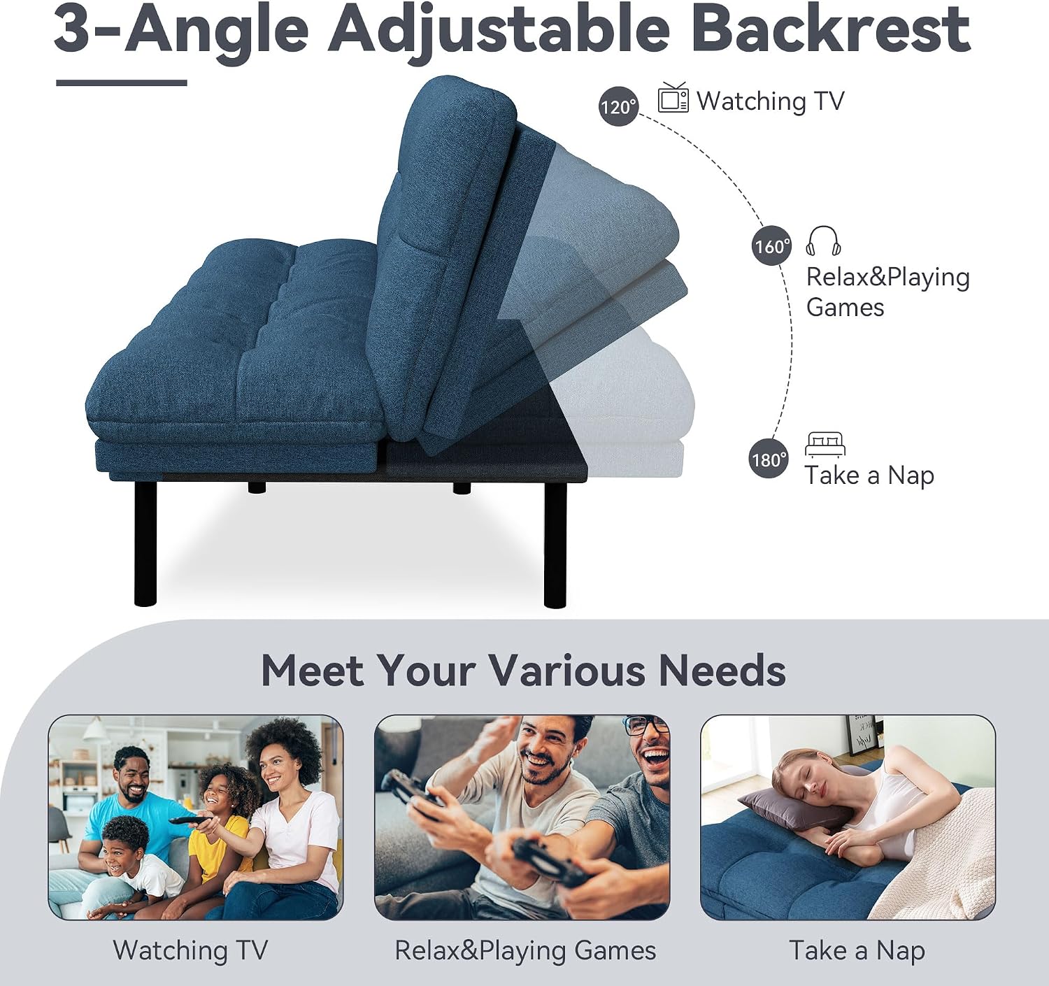 Convertible Futon Sofa Bed,Linen Futon Couch with Detachable Cushion,Adjustable Backrest & Armrest,Modern Small Loveseat Sleeper Recliner for Living Room,Office,Apartment,Blue