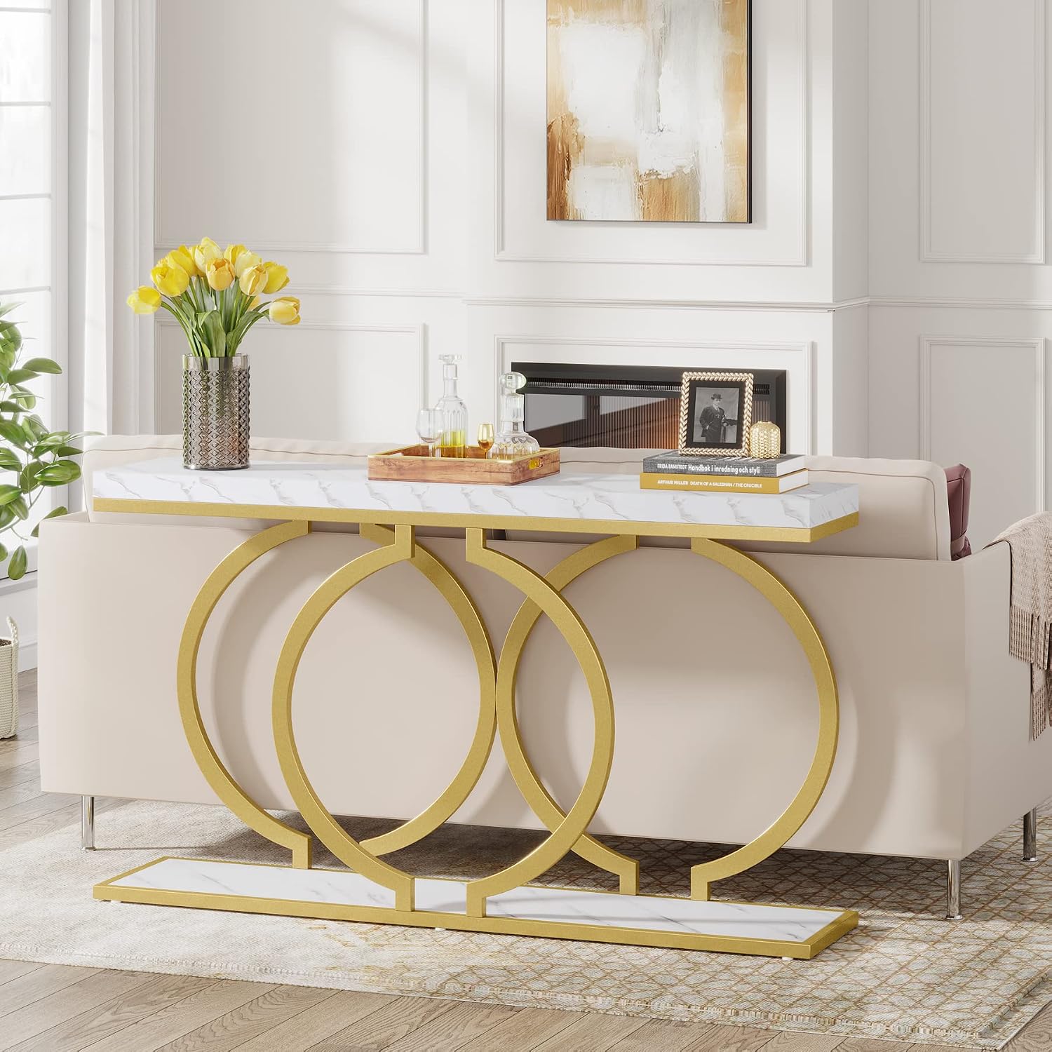Tribesigns Gold Console Table, 55 inch Modern Entryway Table with Geometric Metal Frame, Faux Marble Narrow Long Sofa Table for Living Room, Entrance, Hallway, White and Gold