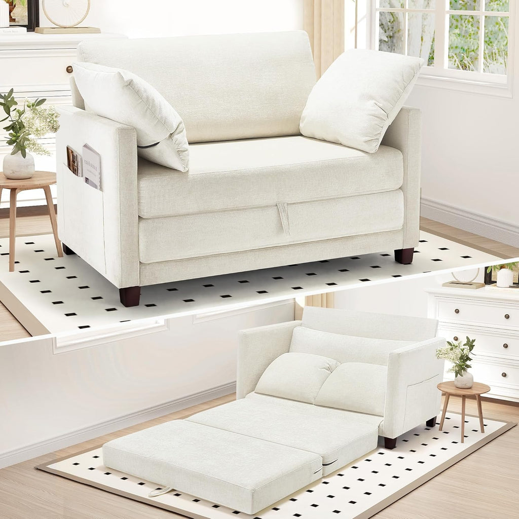 Myroyalsit 51' Convertible Sofa Bed, 2 in1 Folding Sofa Bed, Loveseat Sleeper Sofa for Small Spaces, Fold Out Floor Couch with 2 Pillows for Apartment, Living Room & Guest Room, Beige Chenille Fabric