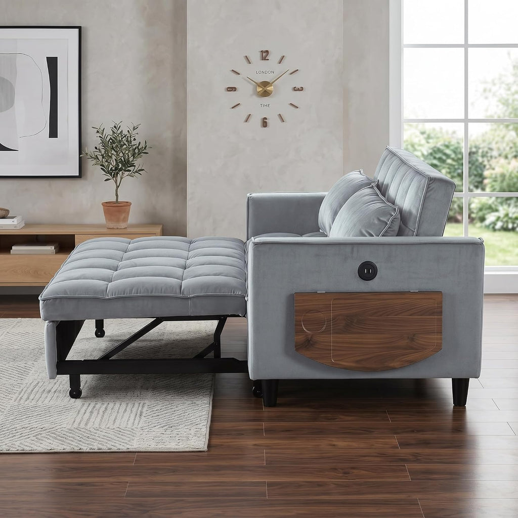 4 in 1 Convertible Sofa Bed, Pull Out Couch with Adjustable Backrest, Loveseat Sleeper Sofa Bed with USB Ports and Side Table, Couch Beds for Living Room, Bedroom, Apartment, Gray
