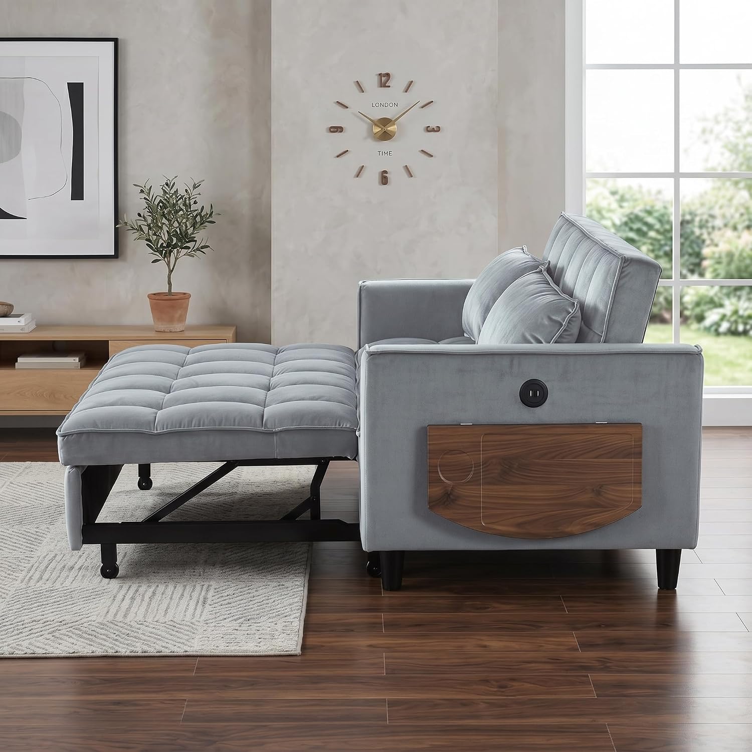 4 in 1 Convertible Sofa Bed, Pull Out Couch with Adjustable Backrest, Loveseat Sleeper Sofa Bed with USB Ports and Side Table, Couch Beds for Living Room, Bedroom, Apartment, Gray